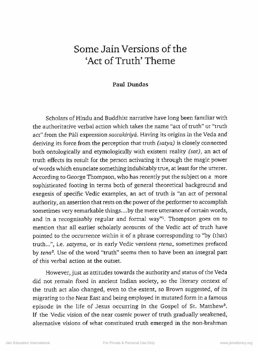 First page of Some Jain Versions Of Act Of Truth Theme