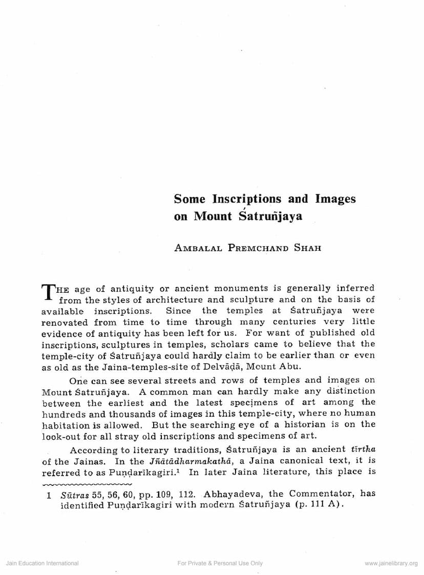 First page of Some Inscriptions And Images On Mount Satrunjaya