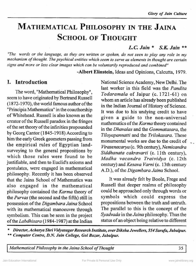 First page of Mathmetical Philosophy In The Jaina School Of Thought
