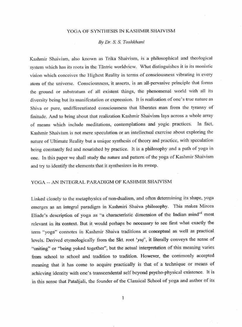 First page of Yoga Of Synthesis In Kashmir Shaivam