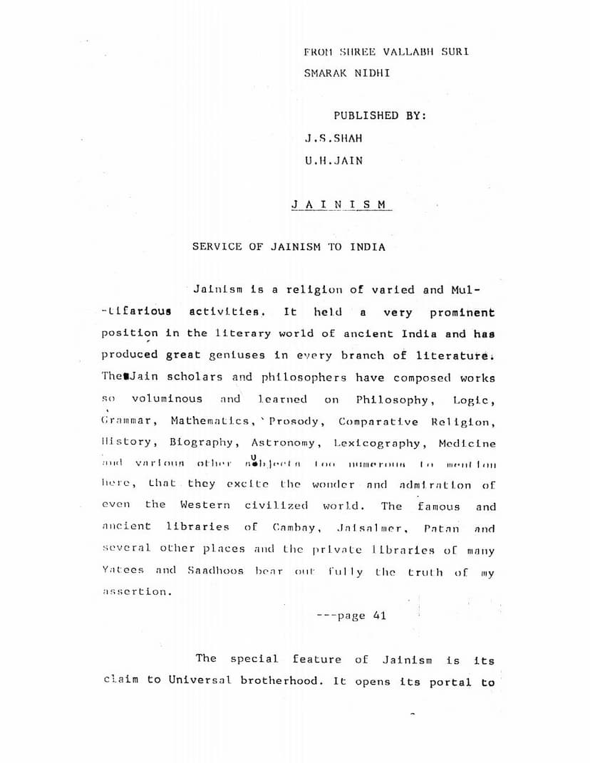 First page of Service Of Jainism To India