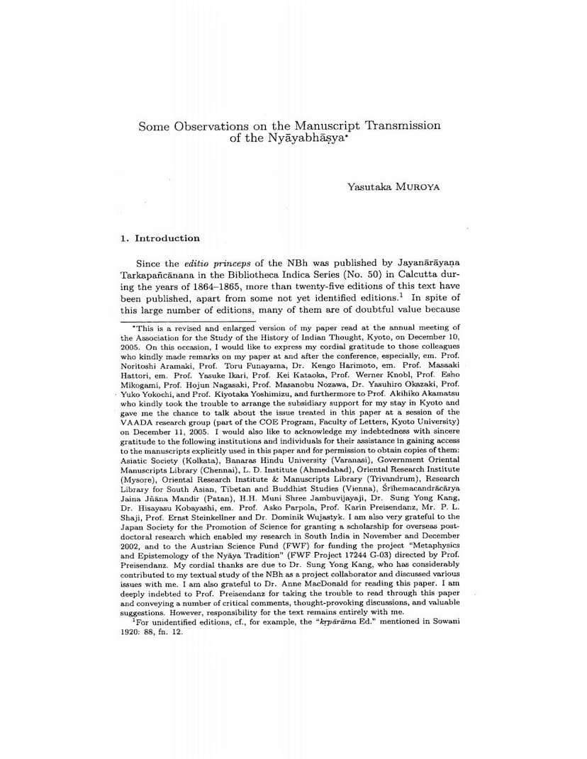 First page of Some Observations On Manuscript Transmission Of Nyayabhasya