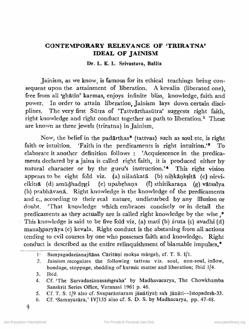 First page of Contemporary Relevance Of Triratna Ideal Of Jainism