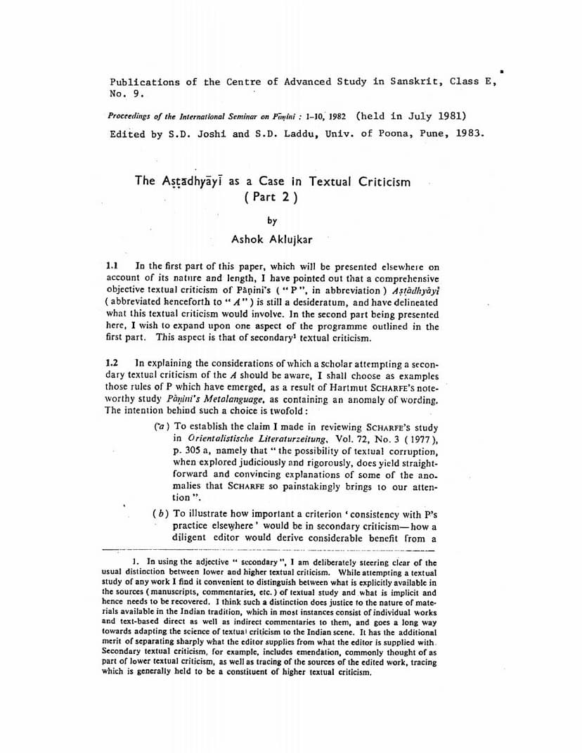 First page of Astadhyayi As A Case In Textual Criticism