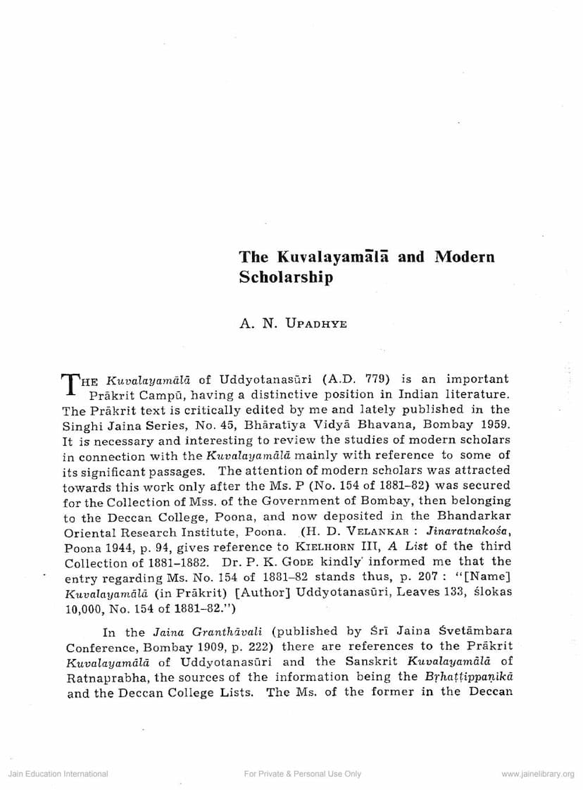 First page of Kuvalayamala And Modern Scholarship