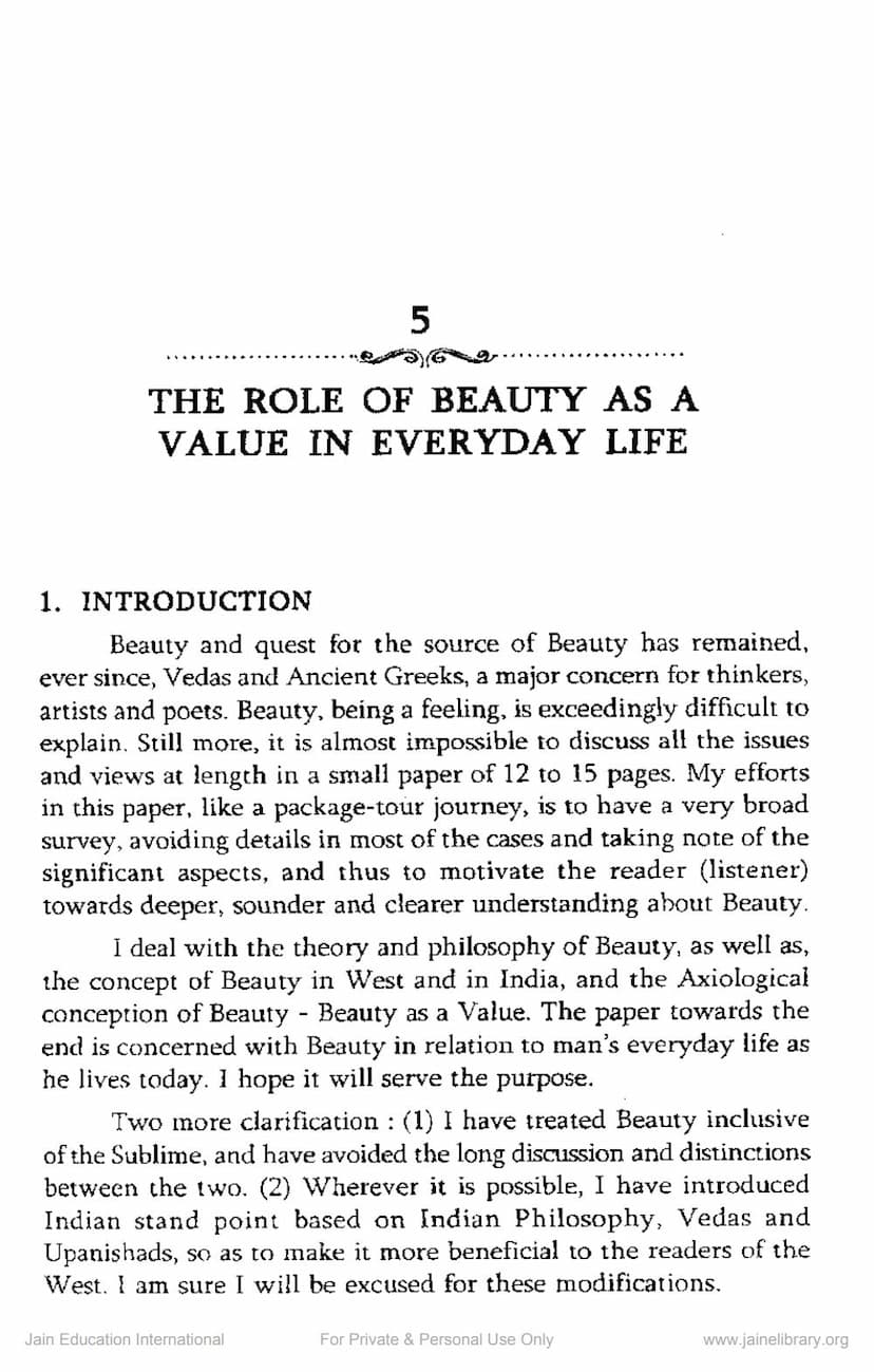 First page of Role Of Beauty As Value In Everyday Life