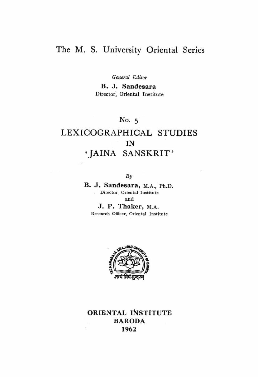First page of Lexicographical Studies In Jaina Sanskrit