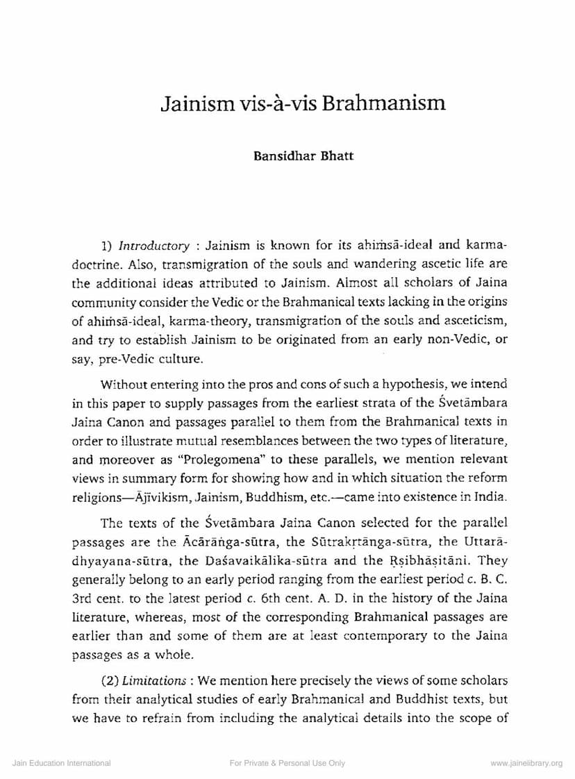 First page of Jainism Vis A Vis Brahmanism