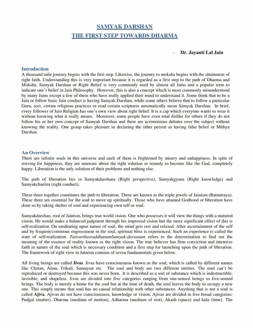 First page of Samyak Darshan First StepTowards Dharma