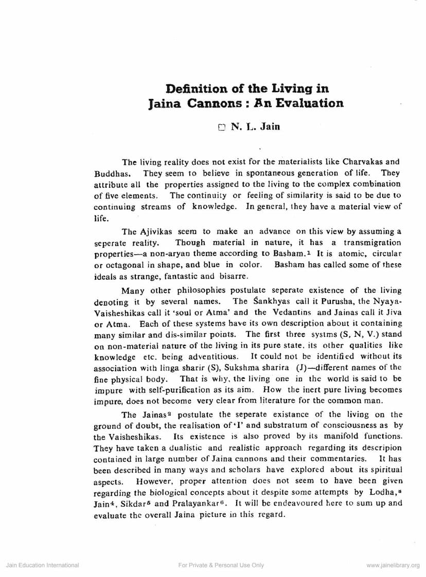First page of Defiition Of Living In Jain Cannons An Evaluation