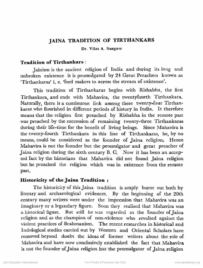 First page of Jaina Tradition Of Tirthankaras
