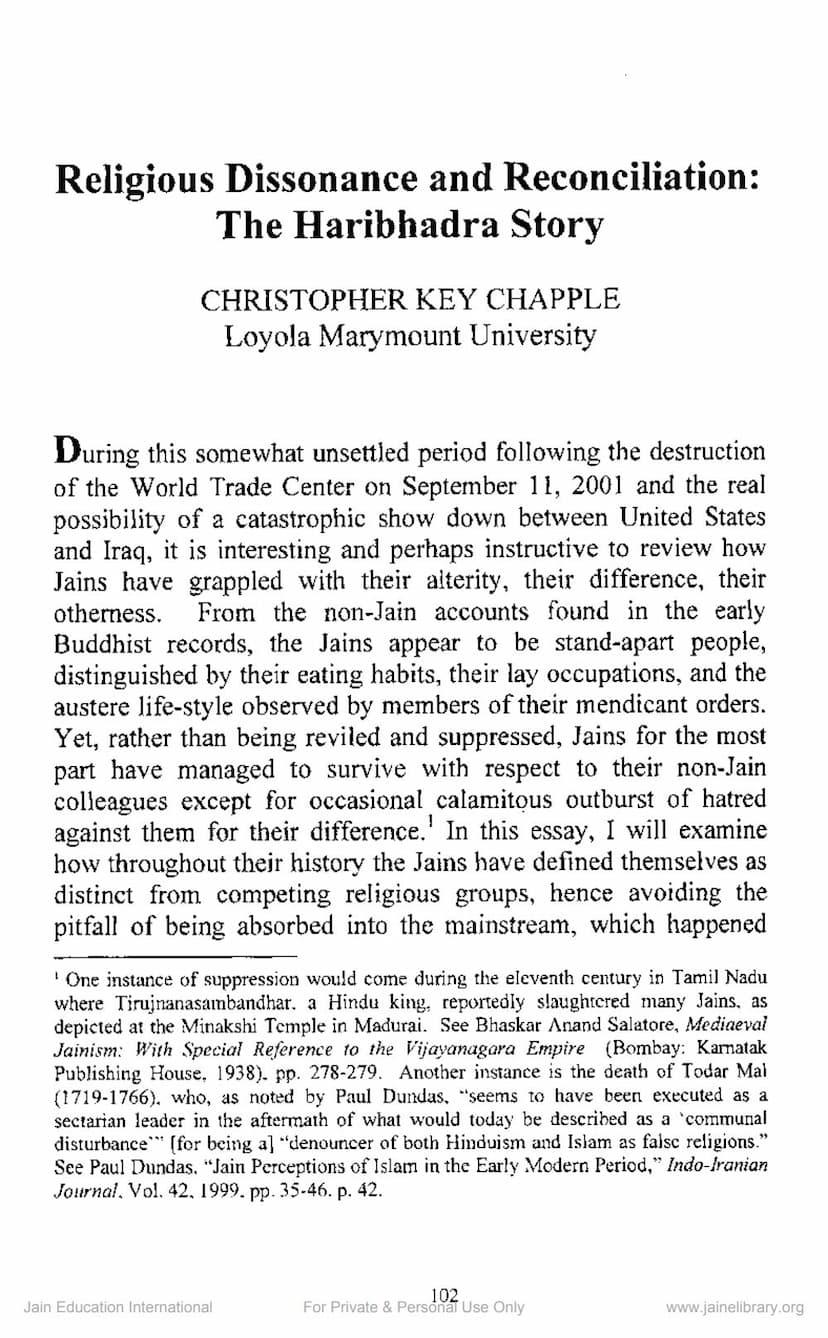 First page of Religious Dissonance And Reconciliation The Haribhadra Story