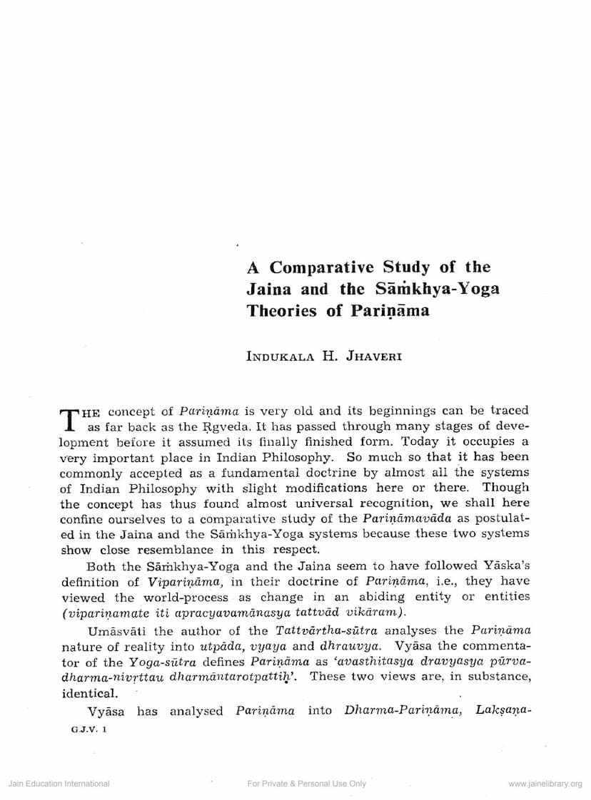 First page of Comparative Study Of Jaina And Samkhya Yoga Theories Of Parinama