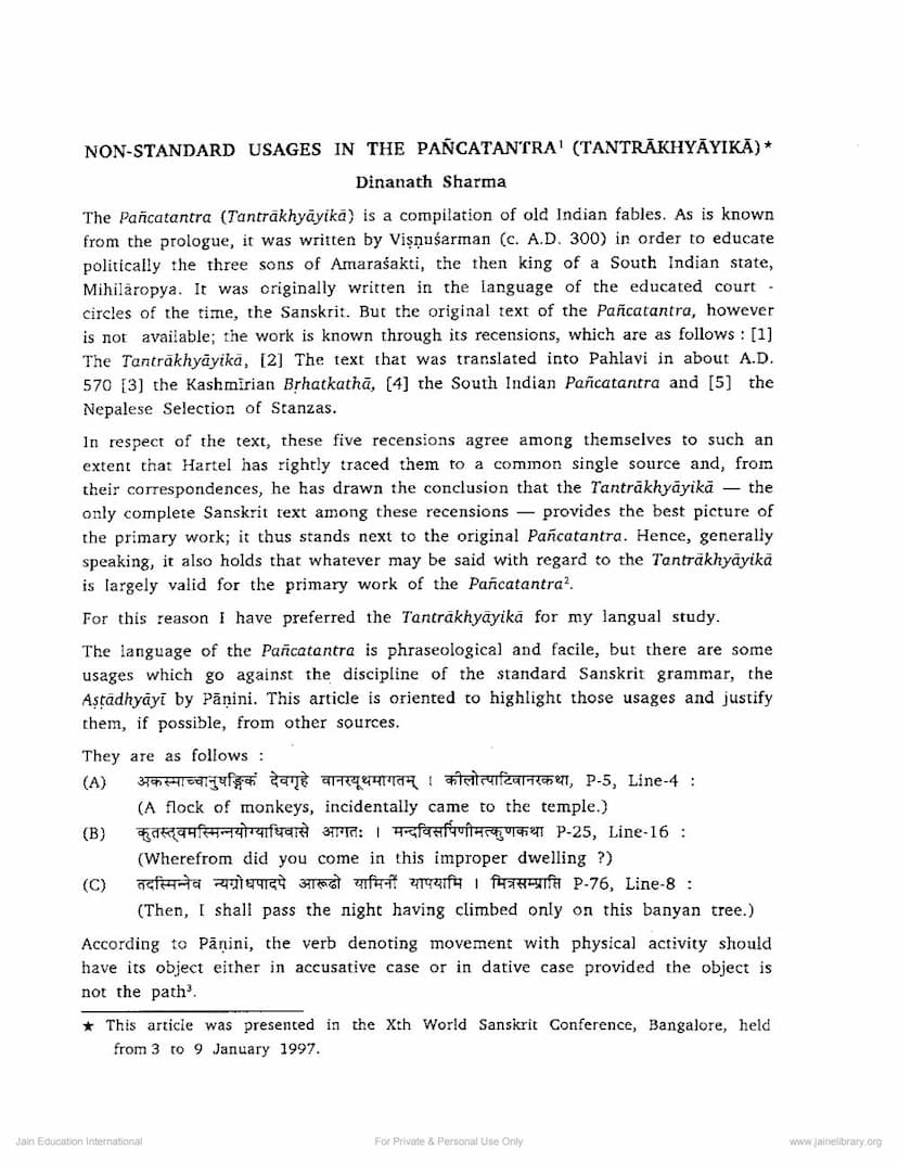 First page of Non Standard Usages In Pancatantra