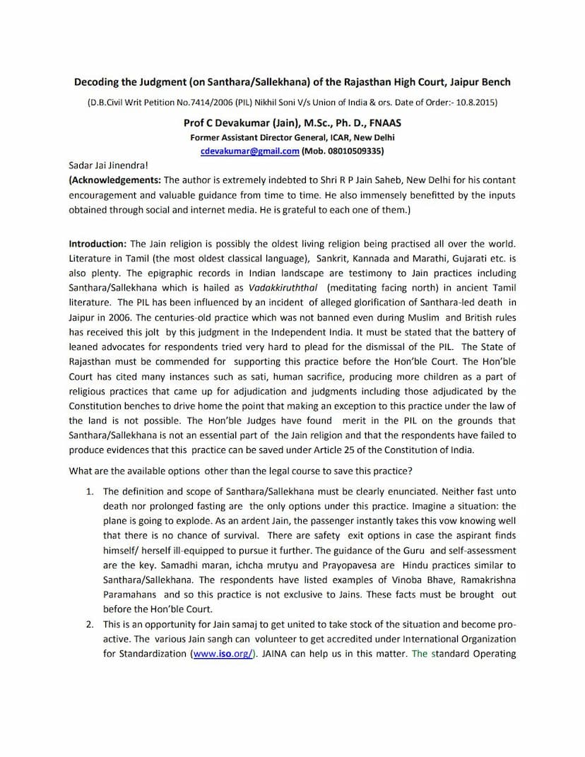 First page of Decoding The Judgement On Sallekhana Santhara Of The Rajasthan High Court