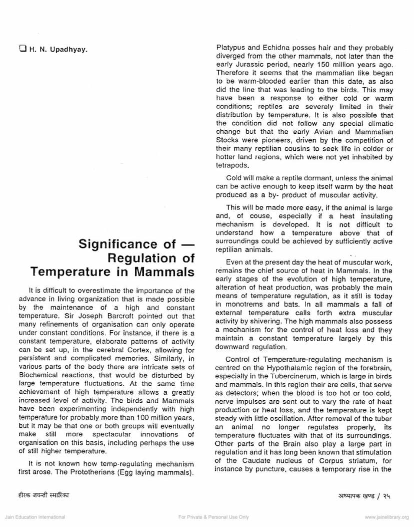 First page of Significance Of Regulation Of Temperature In Mammals