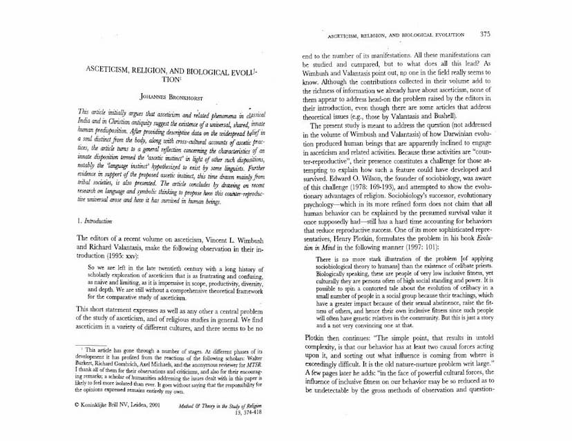 First page of Asceticism Religion And Biological Evolution