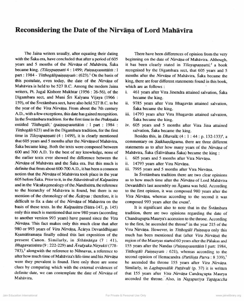 First page of Reconsidering Date Of Nirvana Of Lord Mahavira