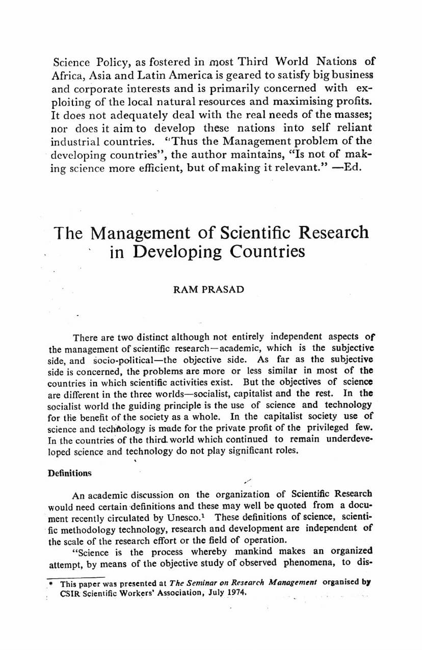 First page of Management Of Scientific Research In Developing Countries