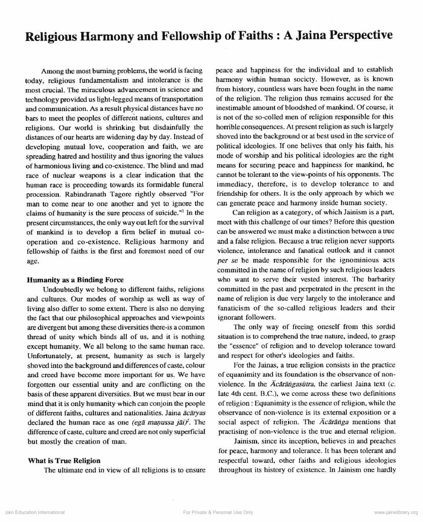 First page of Religious Harmony And Fellowship Of Faiths A Jaina Perspective