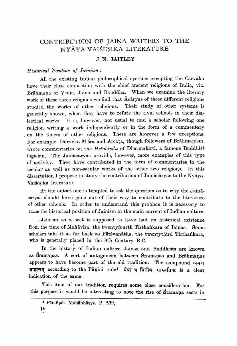 First page of Contribution Of Jaina Writers To Nyaya Vaisesika Literature