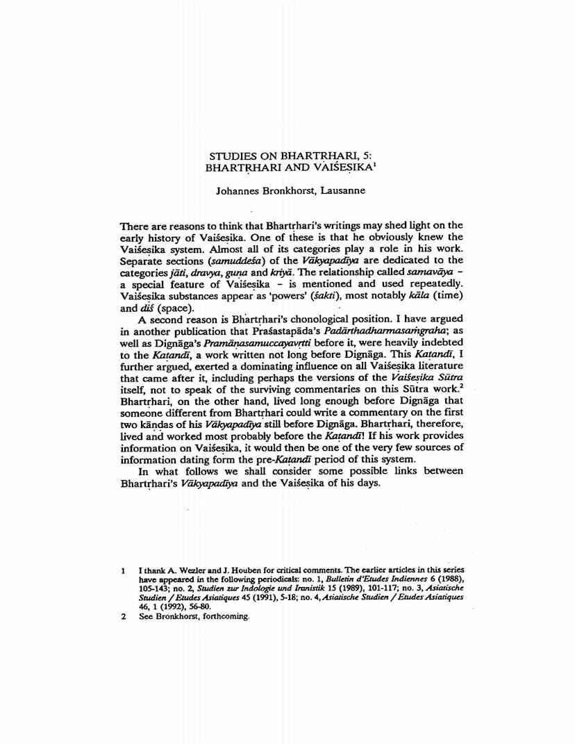 First page of Studies On Bhartrhari 5 Bhartrhari And Vaisesika