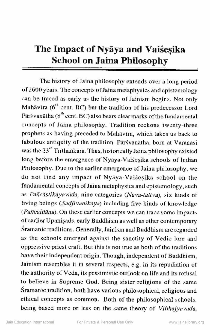First page of Impact Of Nyaya And Vaisesika School On Jaina Philosophy