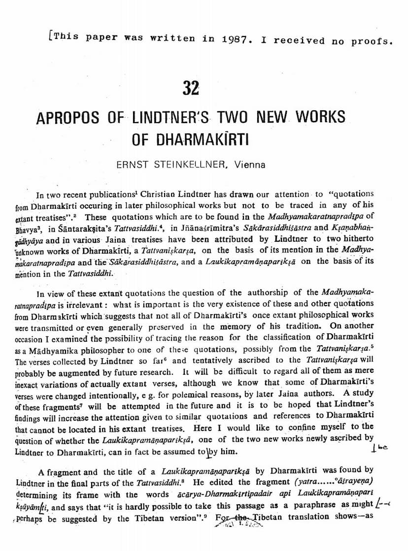 First page of Apropos Of Lindtners Two New Works Of Dharmakirti