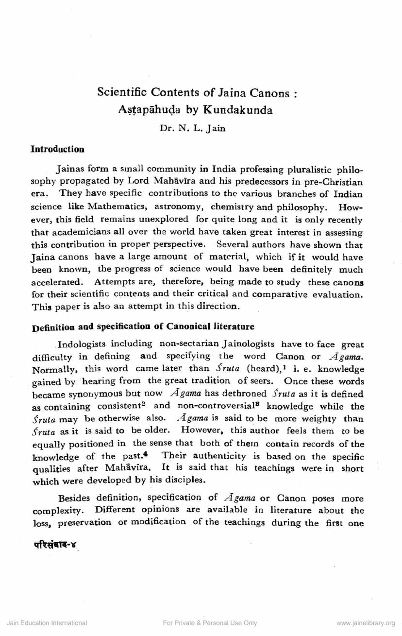 First page of Scientific Contents Of Jaina Canons Astapahuda By Kundakunda