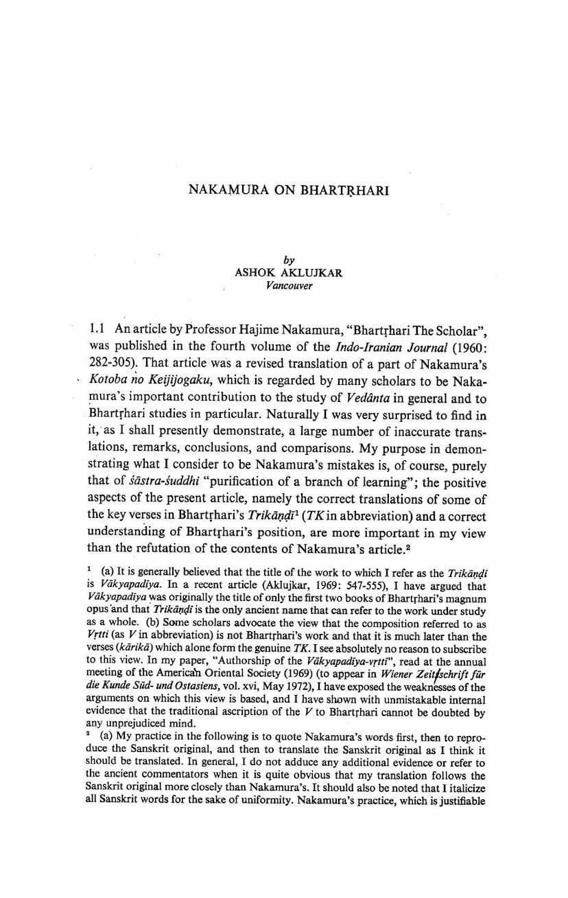 First page of Nakamura On Bhartrhari
