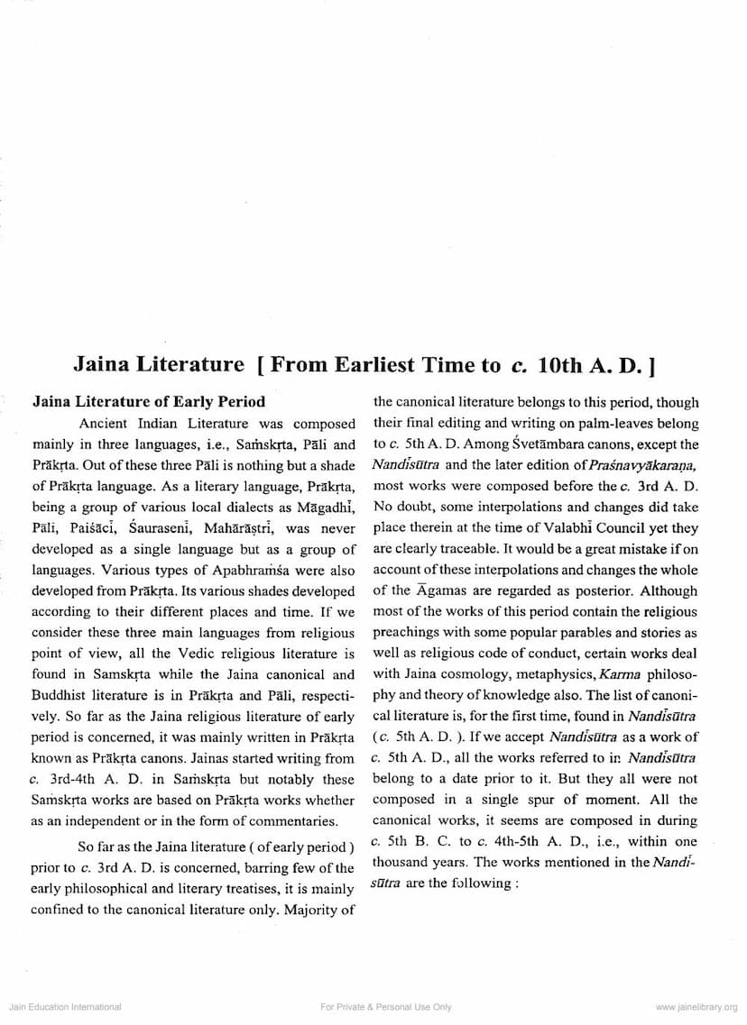 First page of Jaina Literature Form Earliest Time To Century 10th AD
