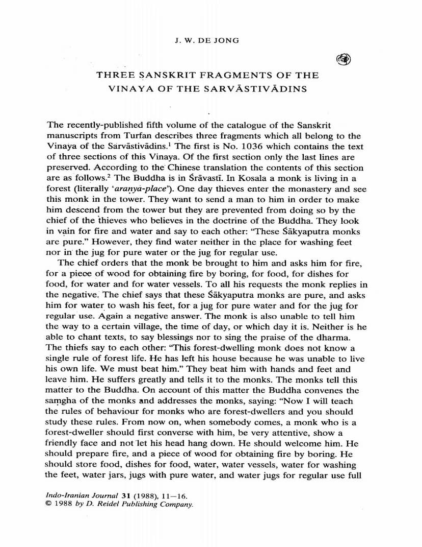 First page of Three Sanskrit Fragments Of Vinaya Of Sarvastivadins