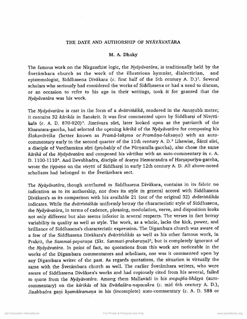 First page of Date And Authorship Of Nyayavatara