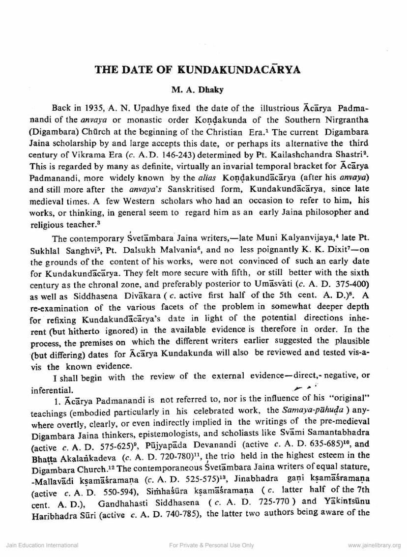 First page of Date Of Kundakundacharya