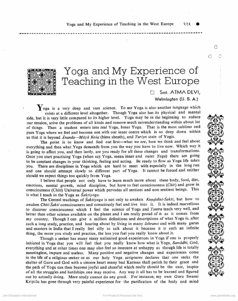 First page of Yoga And My Experience Of Teaching In The West Europe
