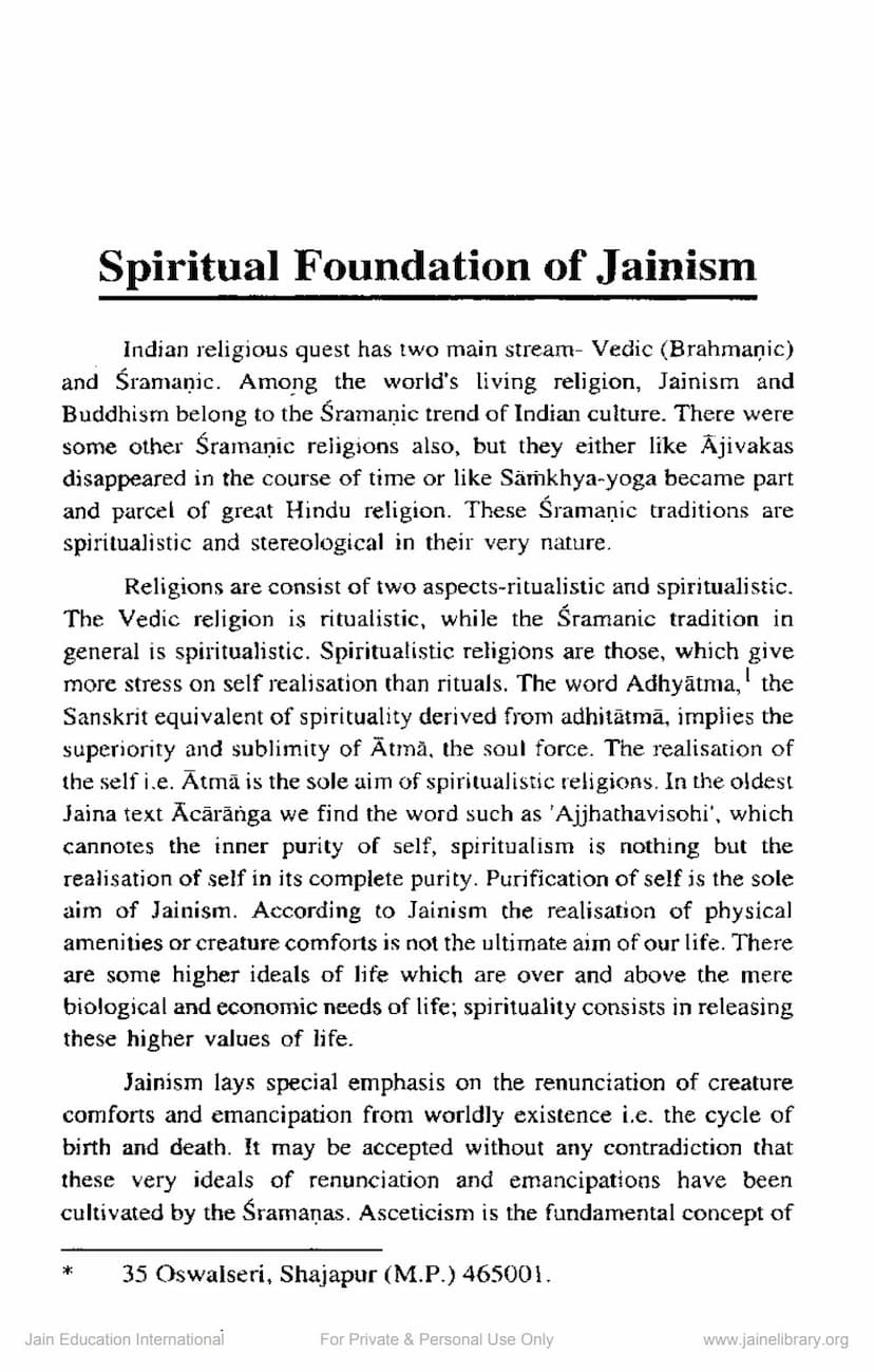First page of Spiritual Foundation Of Jainism