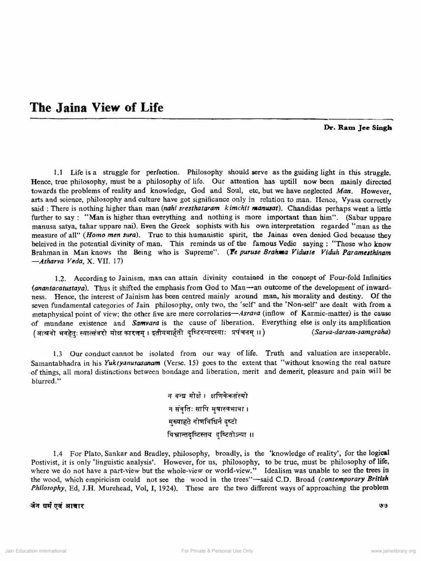 First page of Jaina Value Of Life