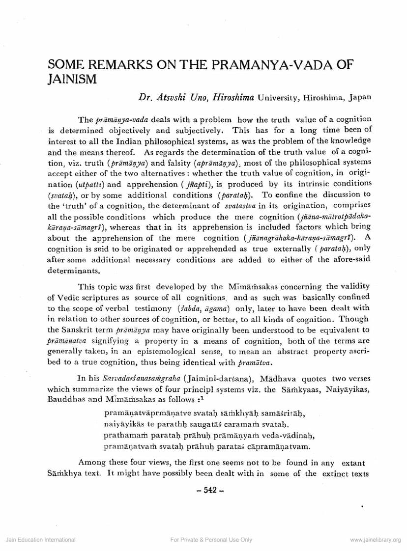 First page of Some Remarks On The Pramanyavada Of Jainism