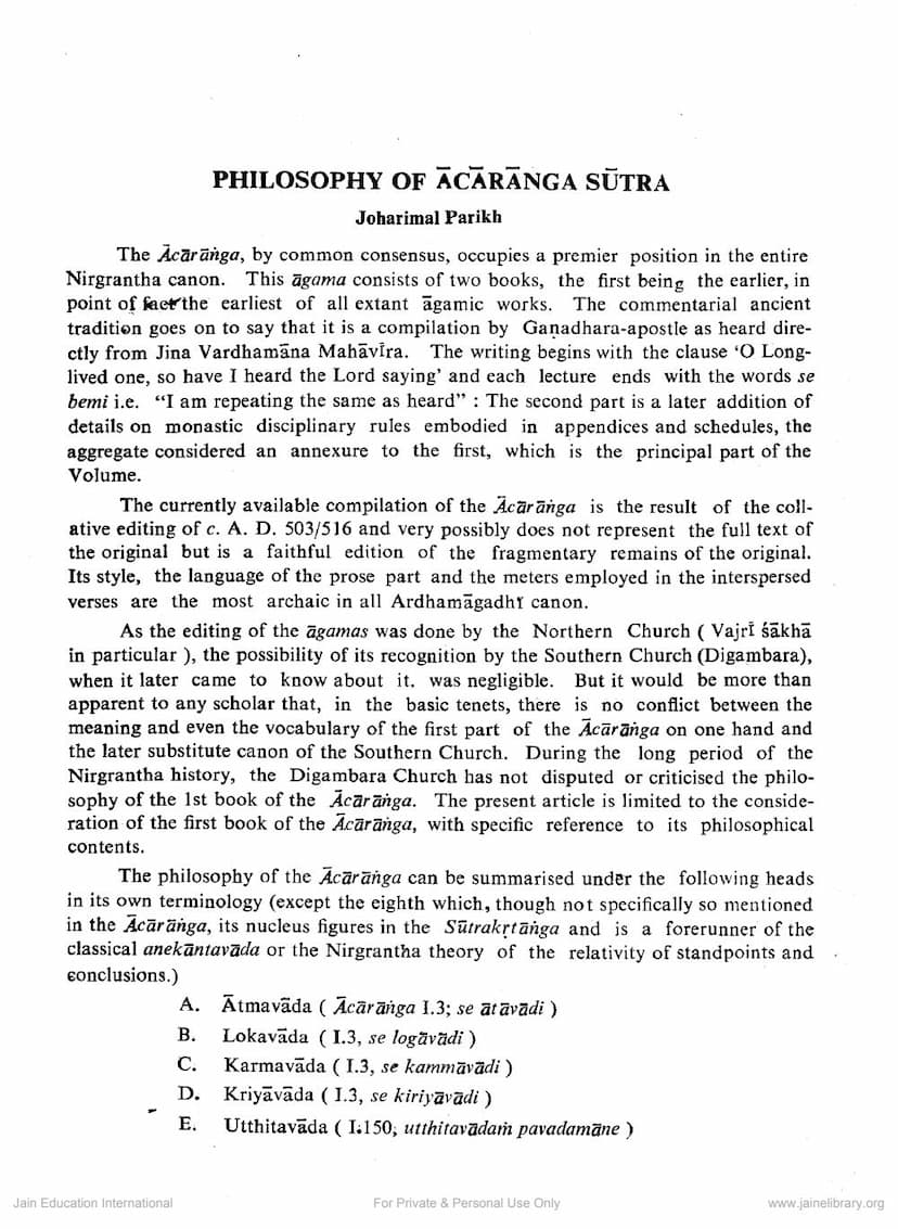 First page of Philosophy Of Acaranga Sutra