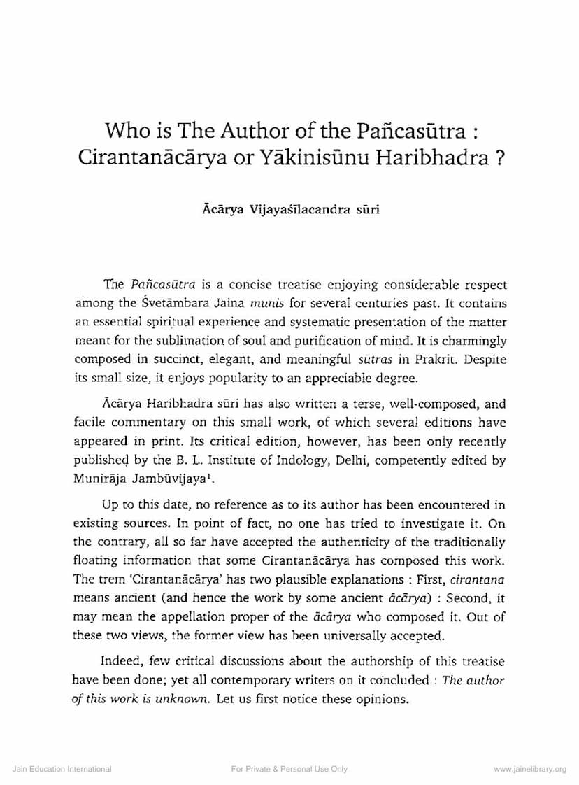 First page of Who Is Author Of Pancasutra Cirantanacarya Or Yakinisunu Haribhadra
