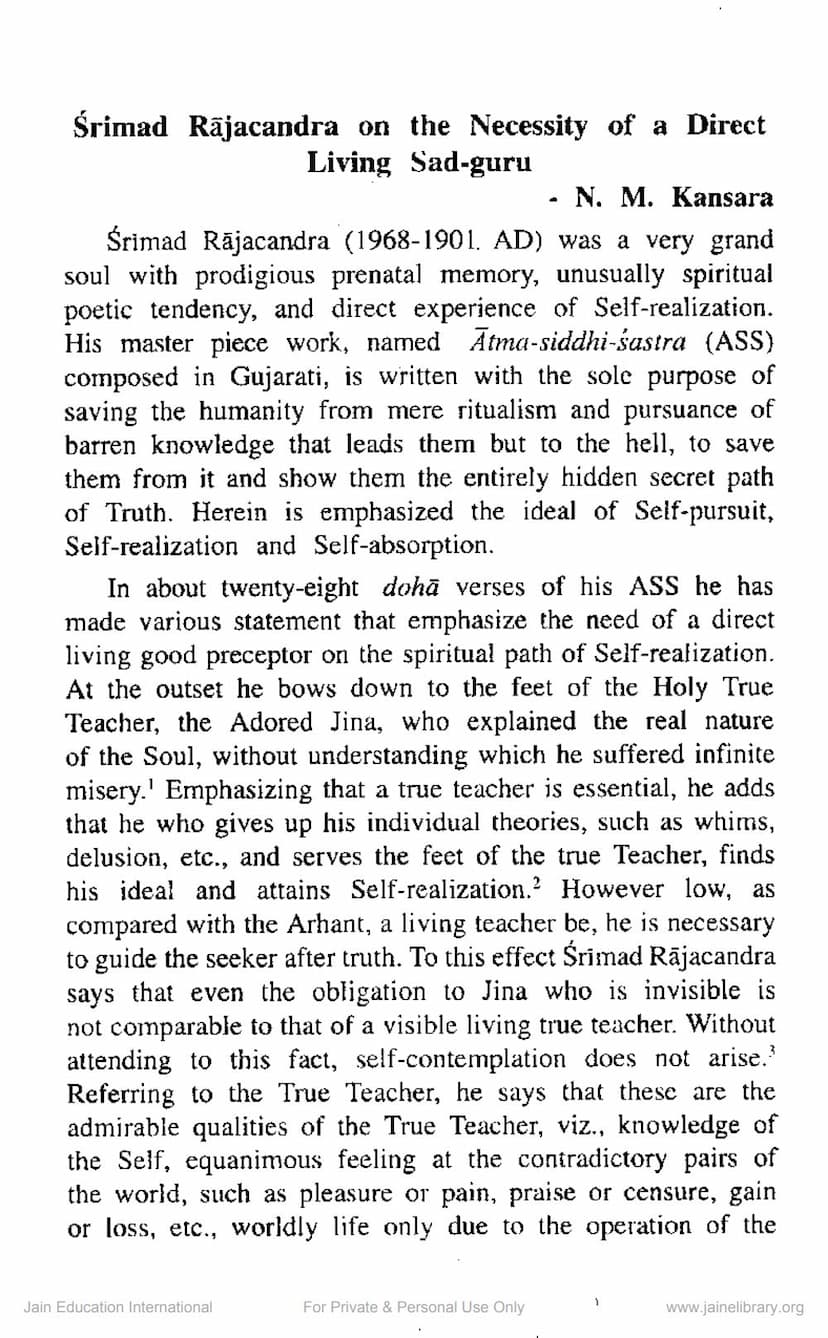 First page of Srimad Rajchandra On Necessity Of Direct Living Sadguru