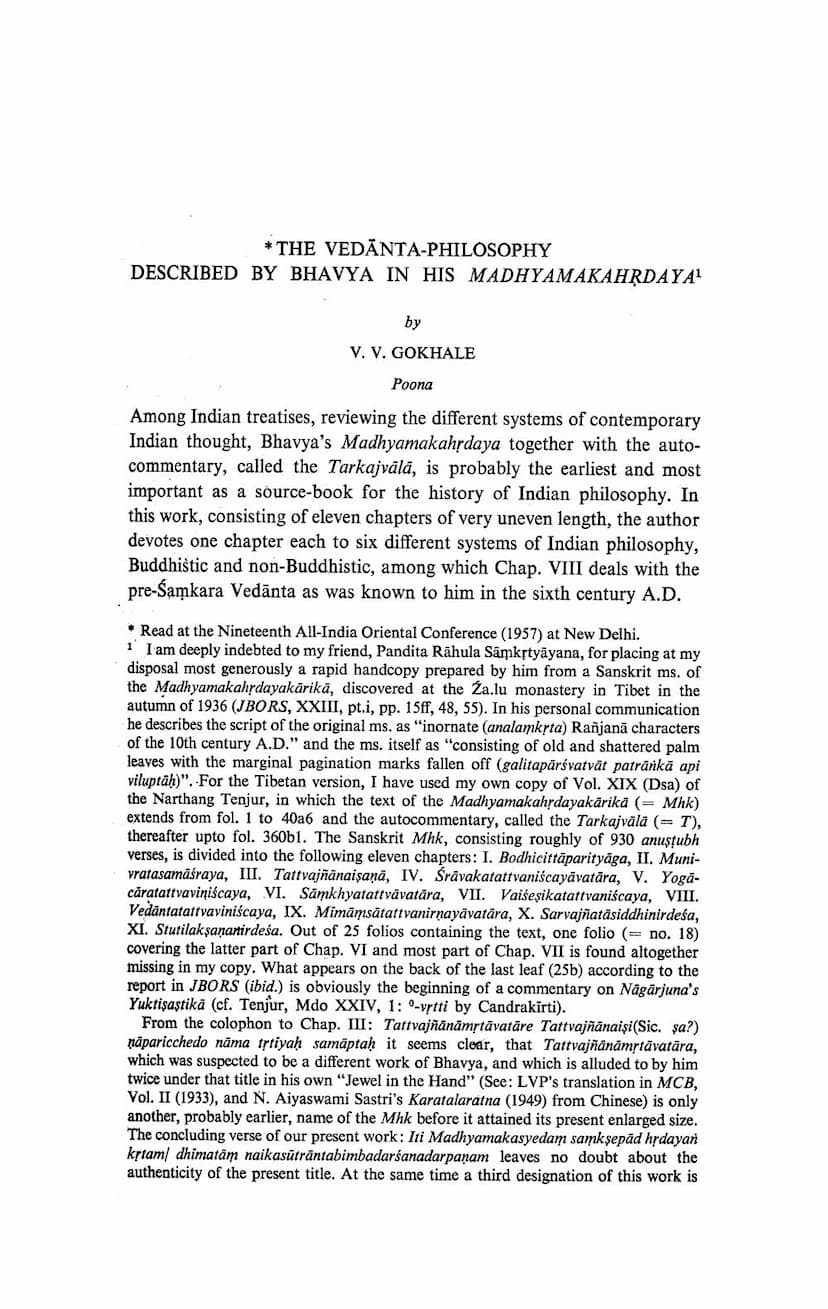 First page of Vedanta Philosophy Described By Bhavya In His Madhyamaka Hrdaya