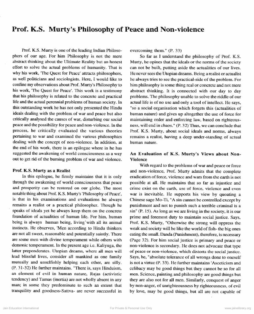 First page of Prof K S Murtys Philosophy Of Peace And Non Violence