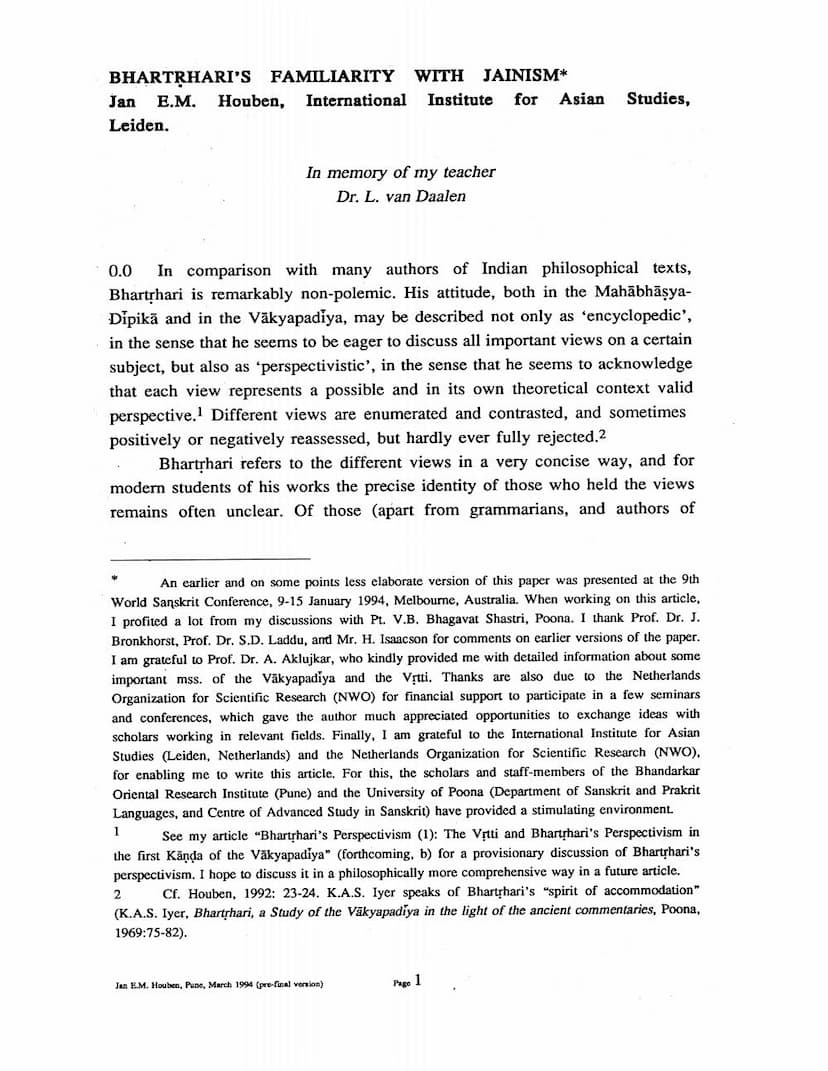 First page of Bhartrharis Familiarity With Jainism
