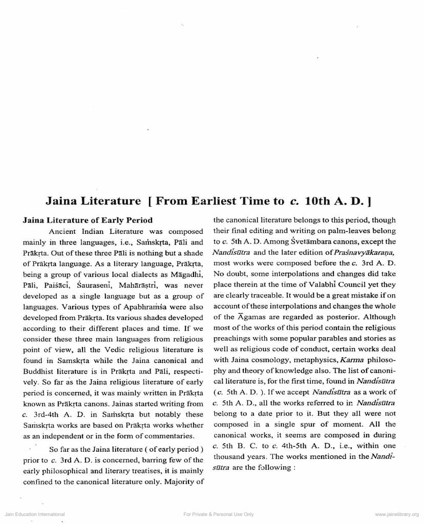 First page of Jaina Literature From Eearliest Time To C 10th AD