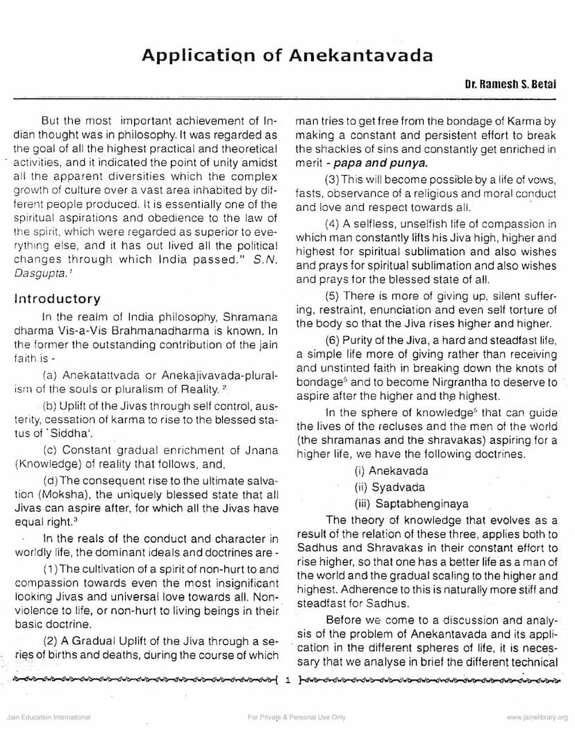 First page of Application Of Anekantavada