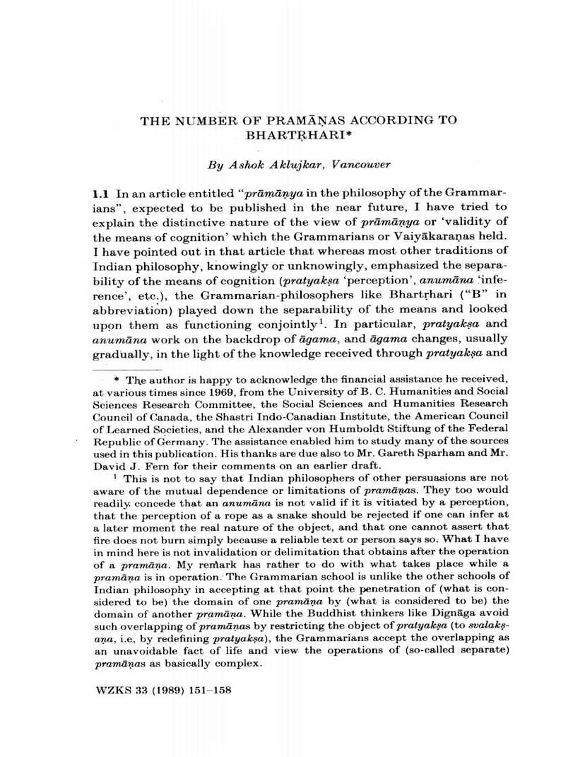 First page of Number Of Pramanas According To Bhartrhari