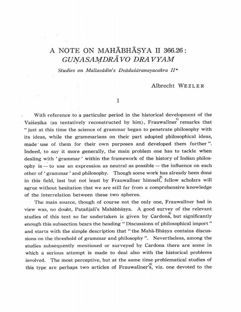 First page of Note On Mahabhasya II 366 26 Gunasamdravo Dravyam