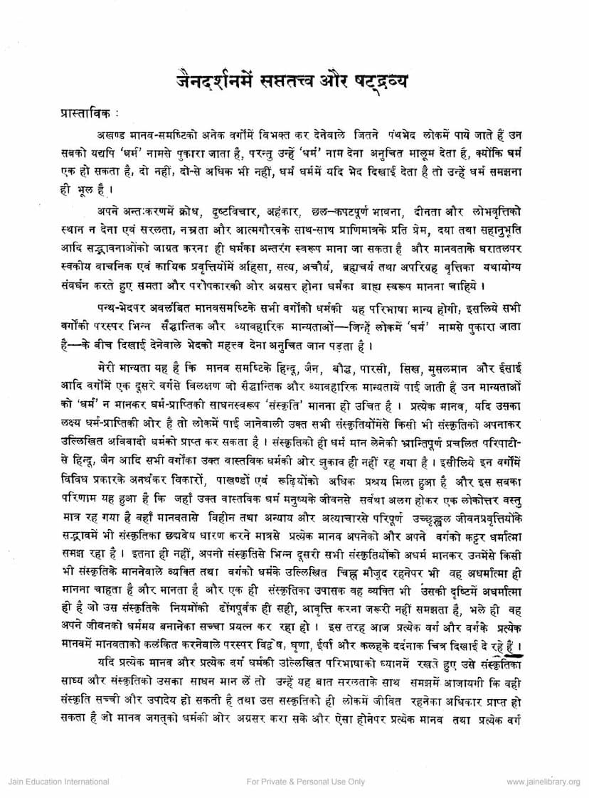 First page of Jain Darshan Me Saptatattva Aur Shatdravya