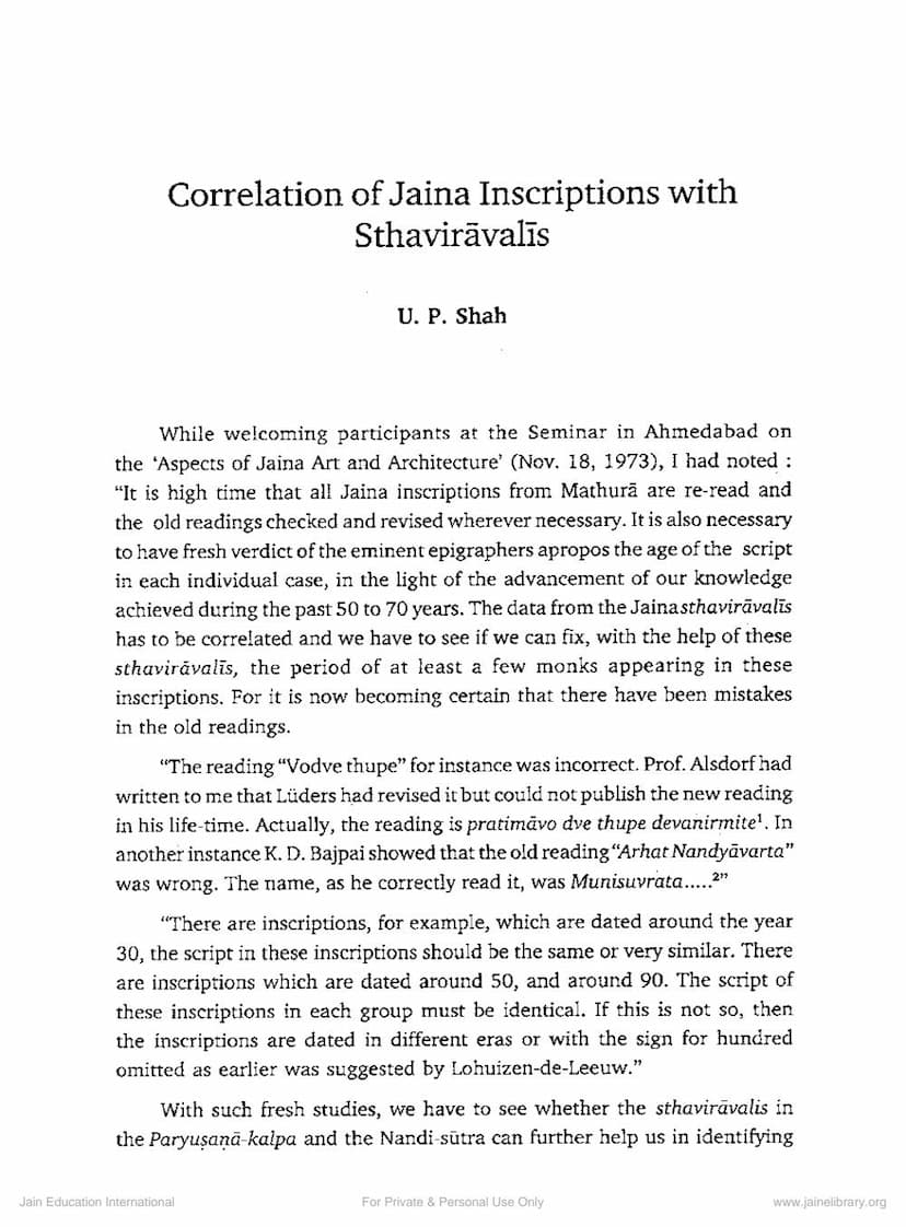 First page of Correlation Of Jaina Inscriptions With Sthaviravalis